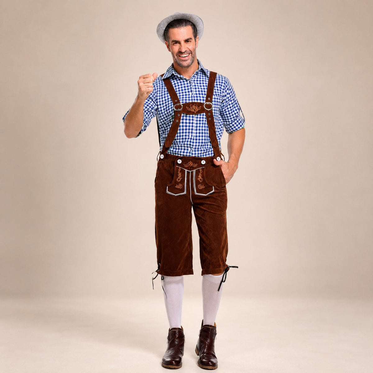 Traditionelles Herren-Outfit mit Lederhosen, kariertem Hemd und Hosenträgern für festliche Anlässe - 7 - Annoboutique