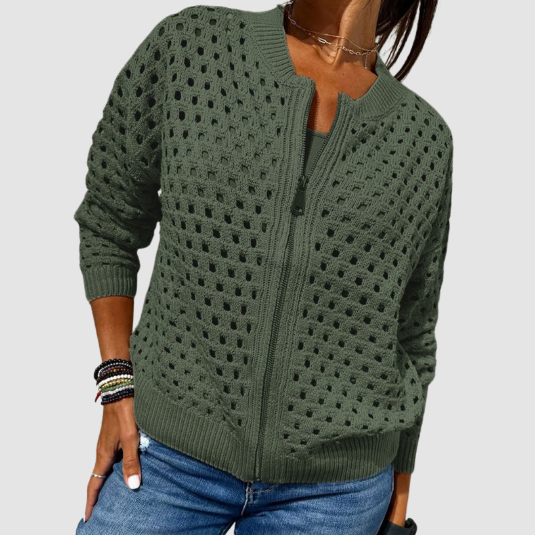 Cardigan Damen mit Ajour-Design und praktischem Reißverschluss | A&B - 3 - Annoboutique