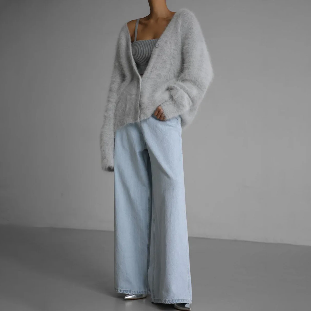 Damen Cardigan im Oversize-Design mit V-Ausschnitt und Knopfdetails | A&B - 9 - Annoboutique