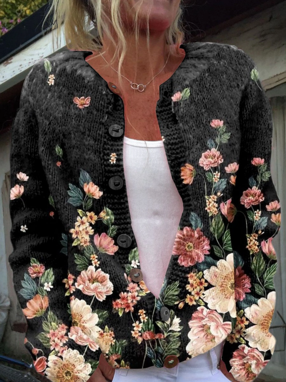 Damen Cardigan mit floralem Design und bequemer Knopfleiste | A&B - 1 - Annoboutique