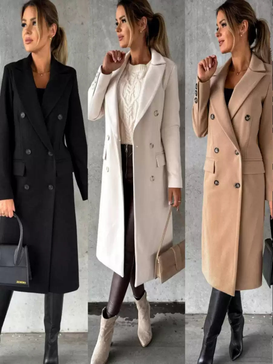 Double-Breasted Women's Coat in Cream | Elegant Tailored Fit - 3 - Rokvane
