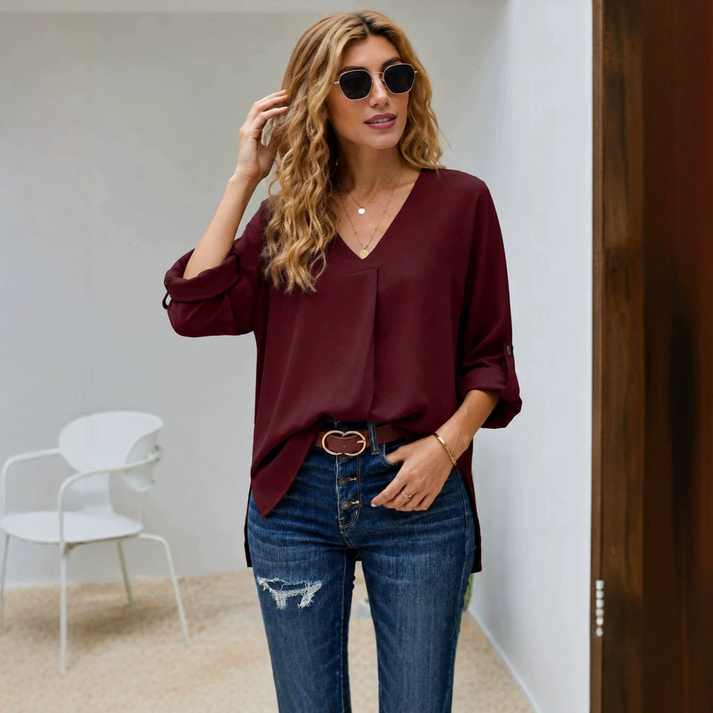 Lässige Damenbluse mit V-Ausschnitt und 3/4-Ärmeln | A&B - 3 - Annoboutique