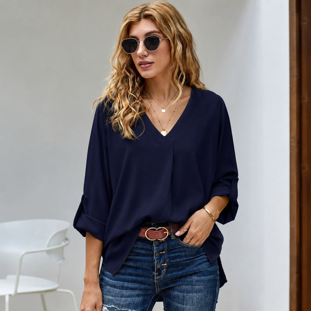 Lässige Damenbluse mit V-Ausschnitt und 3/4-Ärmeln | A&B - 5 - Annoboutique