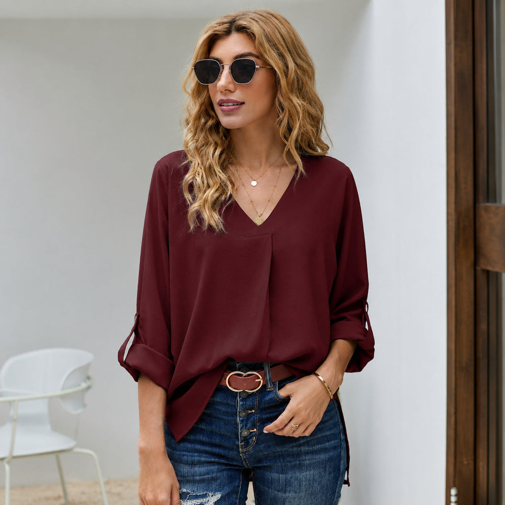 Lässige Damenbluse mit V-Ausschnitt und 3/4-Ärmeln | A&B - 7 - Annoboutique