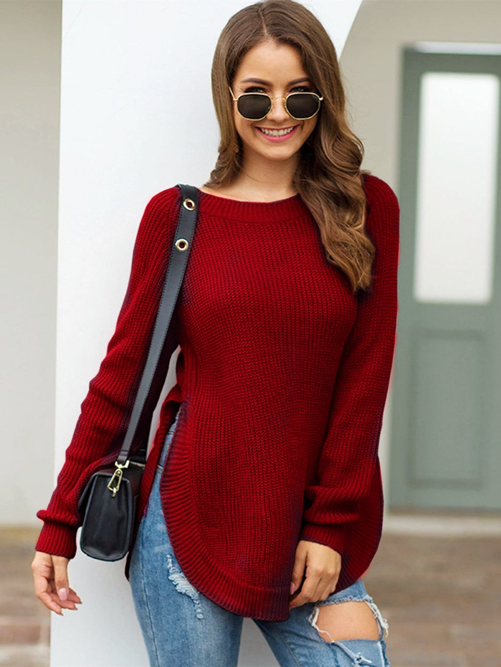 Pullover Damen mit seitlichen Schlitzen und Rundhalsausschnitt | A&B - 2 - Annoboutique