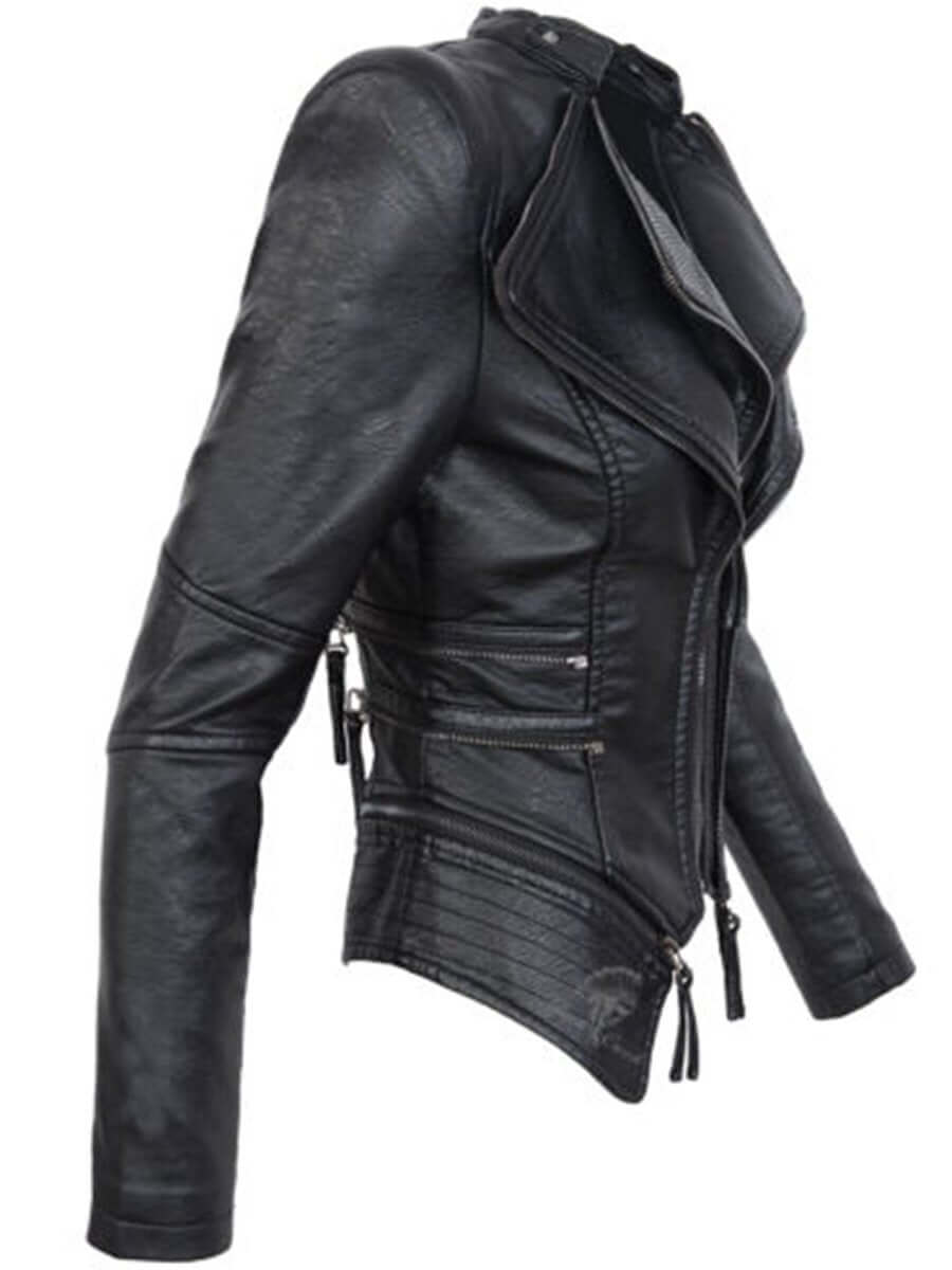 Damen Bikerjacke mit asymmetrischem Schnitt und Stehkragen | A&B - 2 - Annoboutique