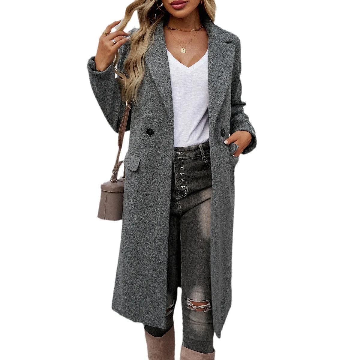Damen Mantel mit Reverskragen und Knopfverschluss | A&B - 4 - Annoboutique