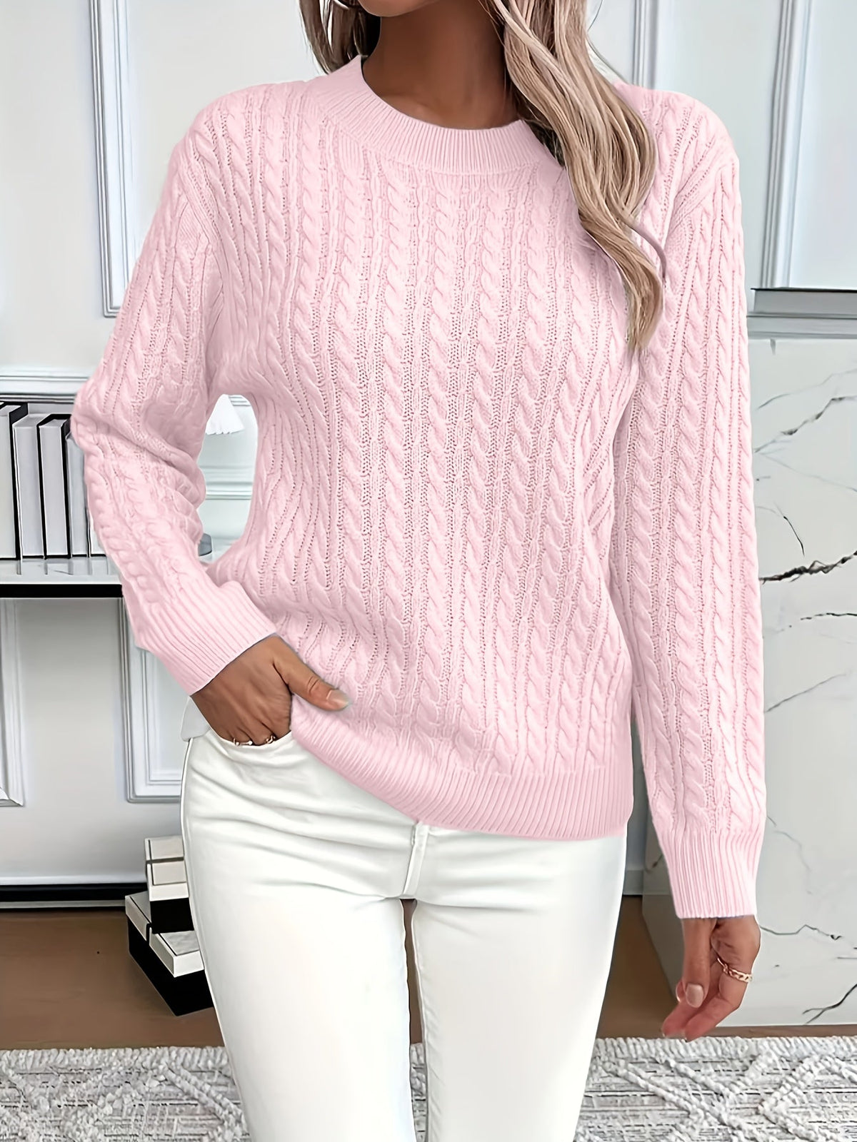 Pullover Damen mit Rundhalsausschnitt und Kabelstrickdesign | A&B - 5 - Annoboutique