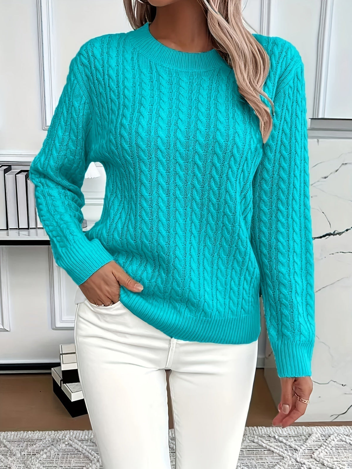 Pullover Damen mit Rundhalsausschnitt und Kabelstrickdesign | A&B - 6 - Annoboutique