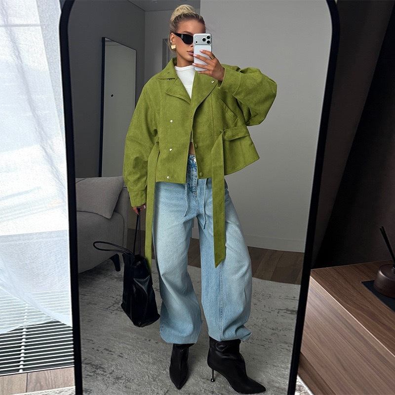 Modische Damenjacke mit hohem Kragen und Taillengürtel | A&B - 4 - Annoboutique