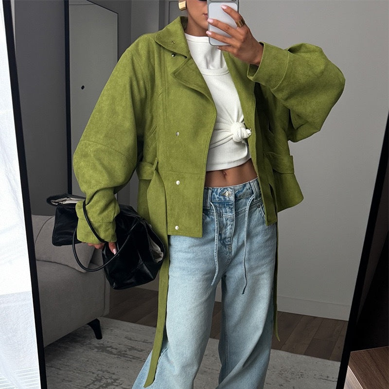 Modische Damenjacke mit hohem Kragen und Taillengürtel | A&B - 5 - Annoboutique