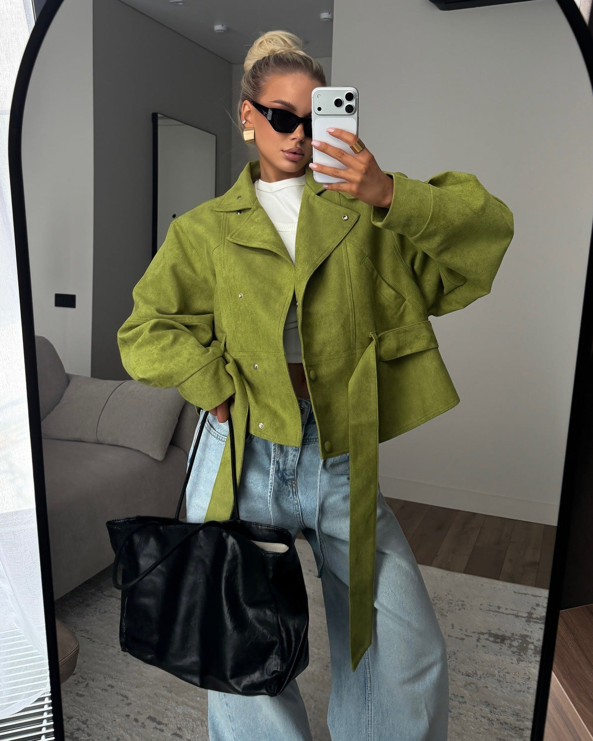 Modische Damenjacke mit hohem Kragen und Taillengürtel | A&B - 7 - Annoboutique