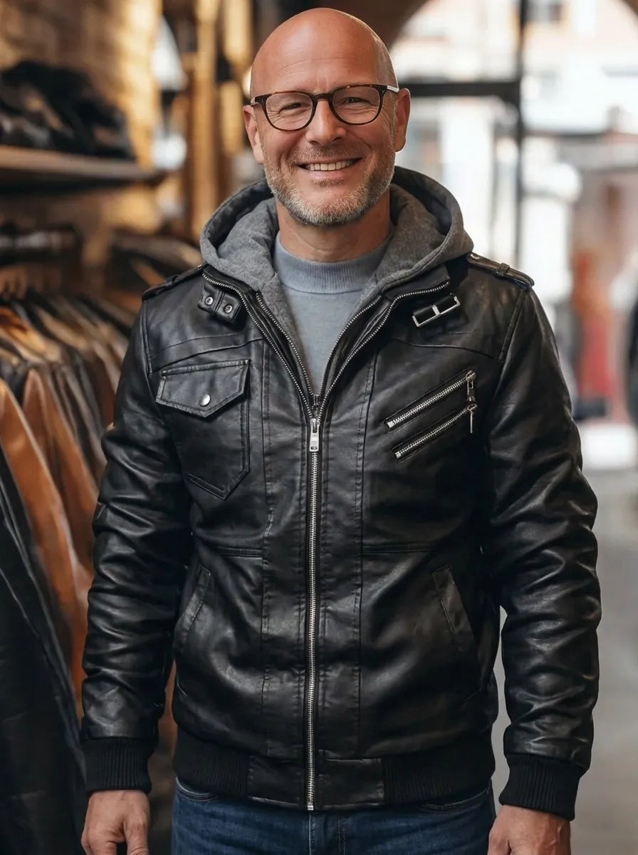 Herren Lederjacke mit Kapuze und praktischen Taschen | A&B - 1 - Annoboutique