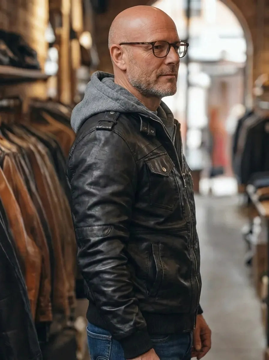 Herren Lederjacke mit Kapuze und praktischen Taschen | A&B - 2 - Annoboutique