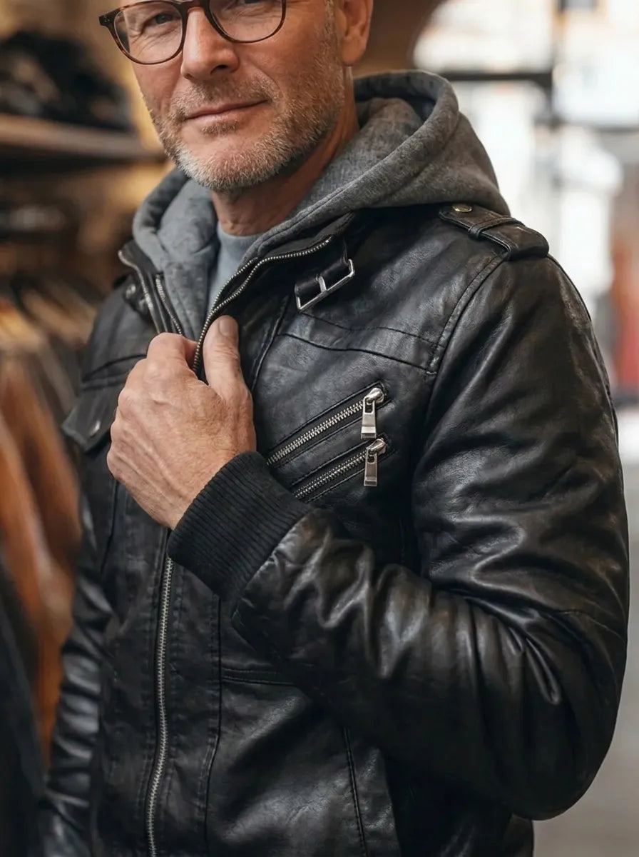 Herren Lederjacke mit Kapuze und praktischen Taschen | A&B - 3 - Annoboutique