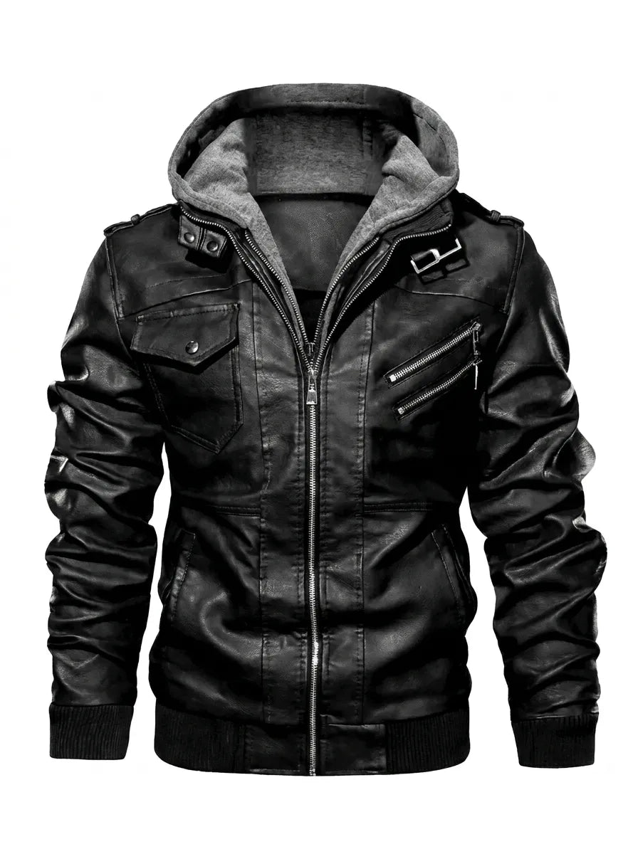 Herren Lederjacke mit Kapuze und praktischen Taschen | A&B - 4 - Annoboutique