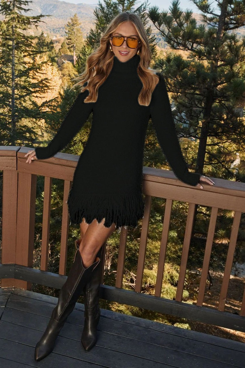 Damenkleid mit Turtleneck und Fransensaum | A&B - 5 - Annoboutique