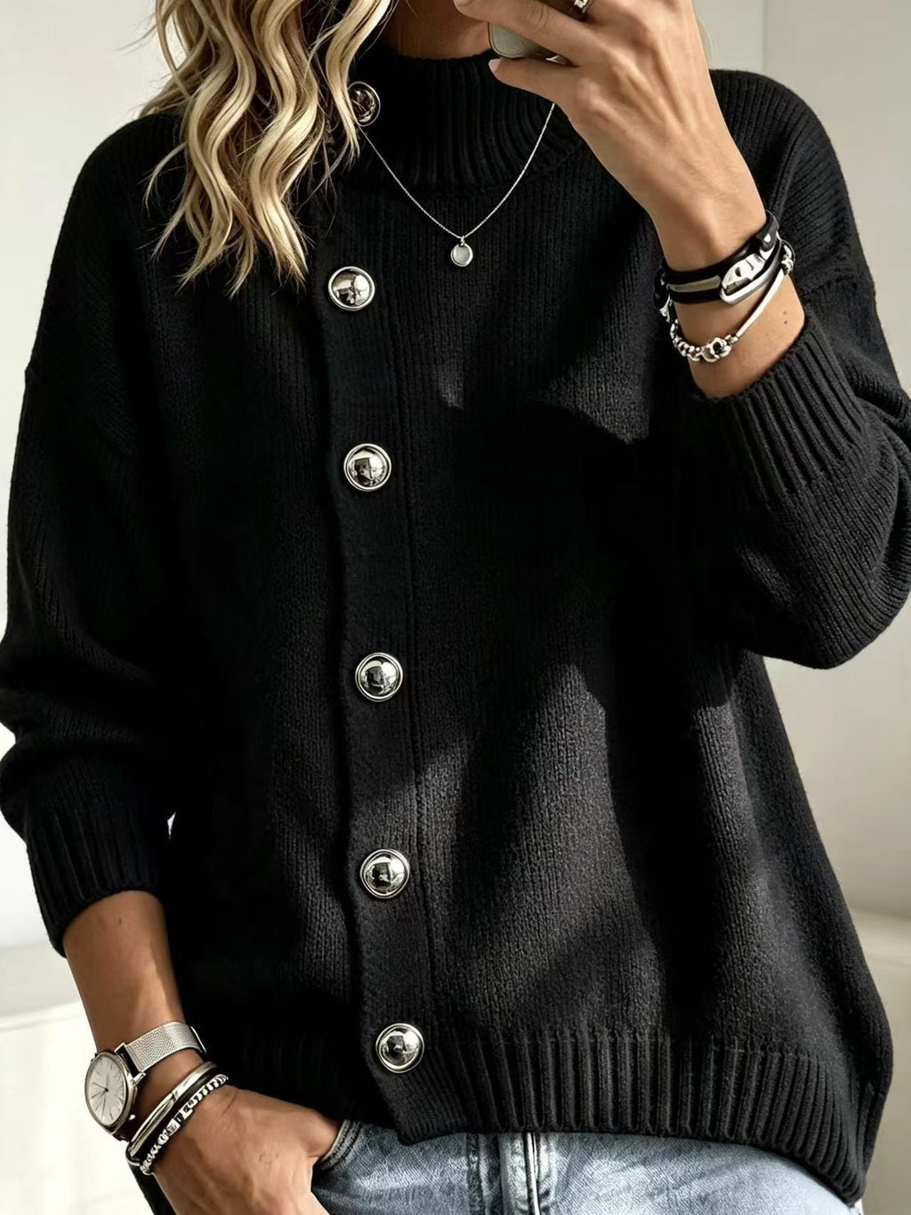 Pullover Damen mit Stehkragen und Knopf-Details | A&B - 3 - Annoboutique