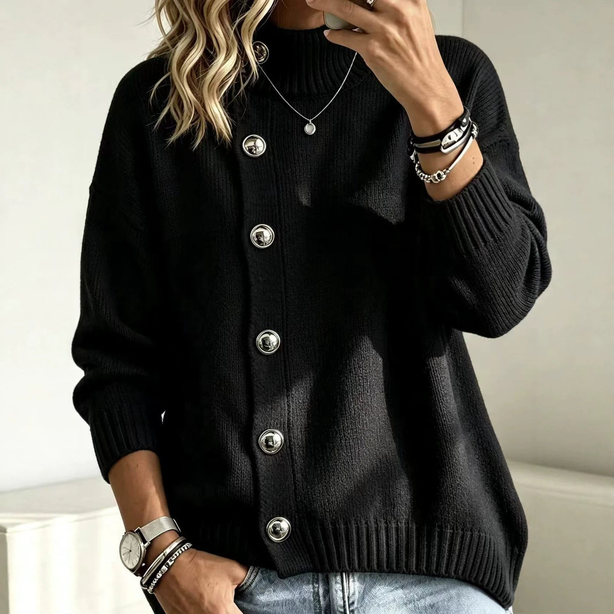 Pullover Damen mit Stehkragen und Knopf-Details | A&B - 5 - Annoboutique