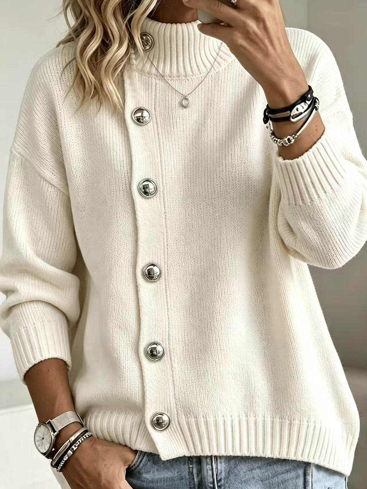 Pullover Damen mit Stehkragen und Knopf-Details | A&B - 6 - Annoboutique