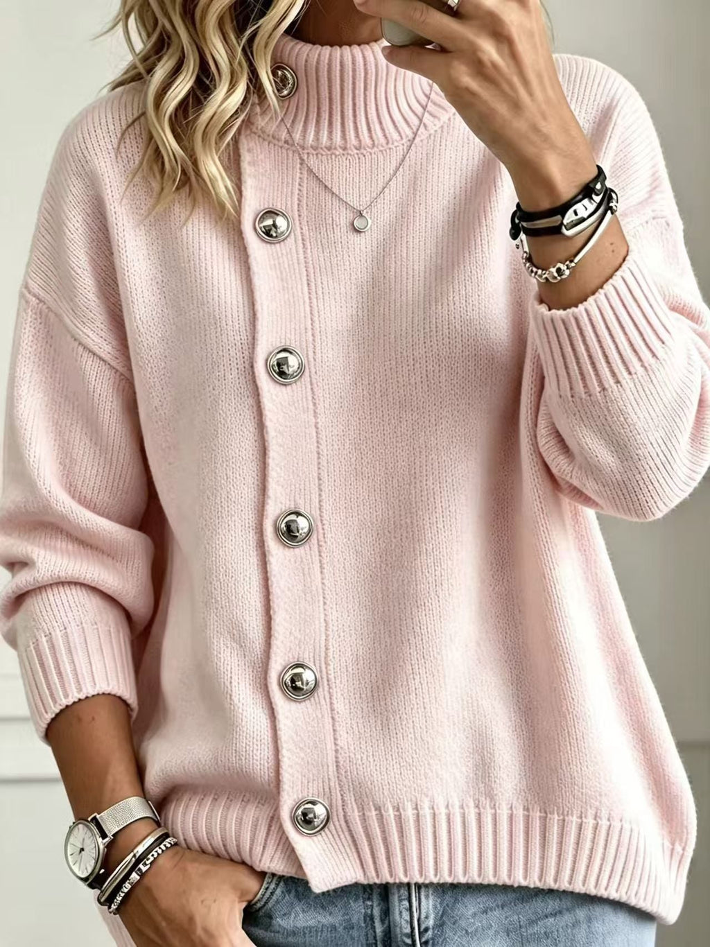 Pullover Damen mit Stehkragen und Knopf-Details | A&B - 7 - Annoboutique