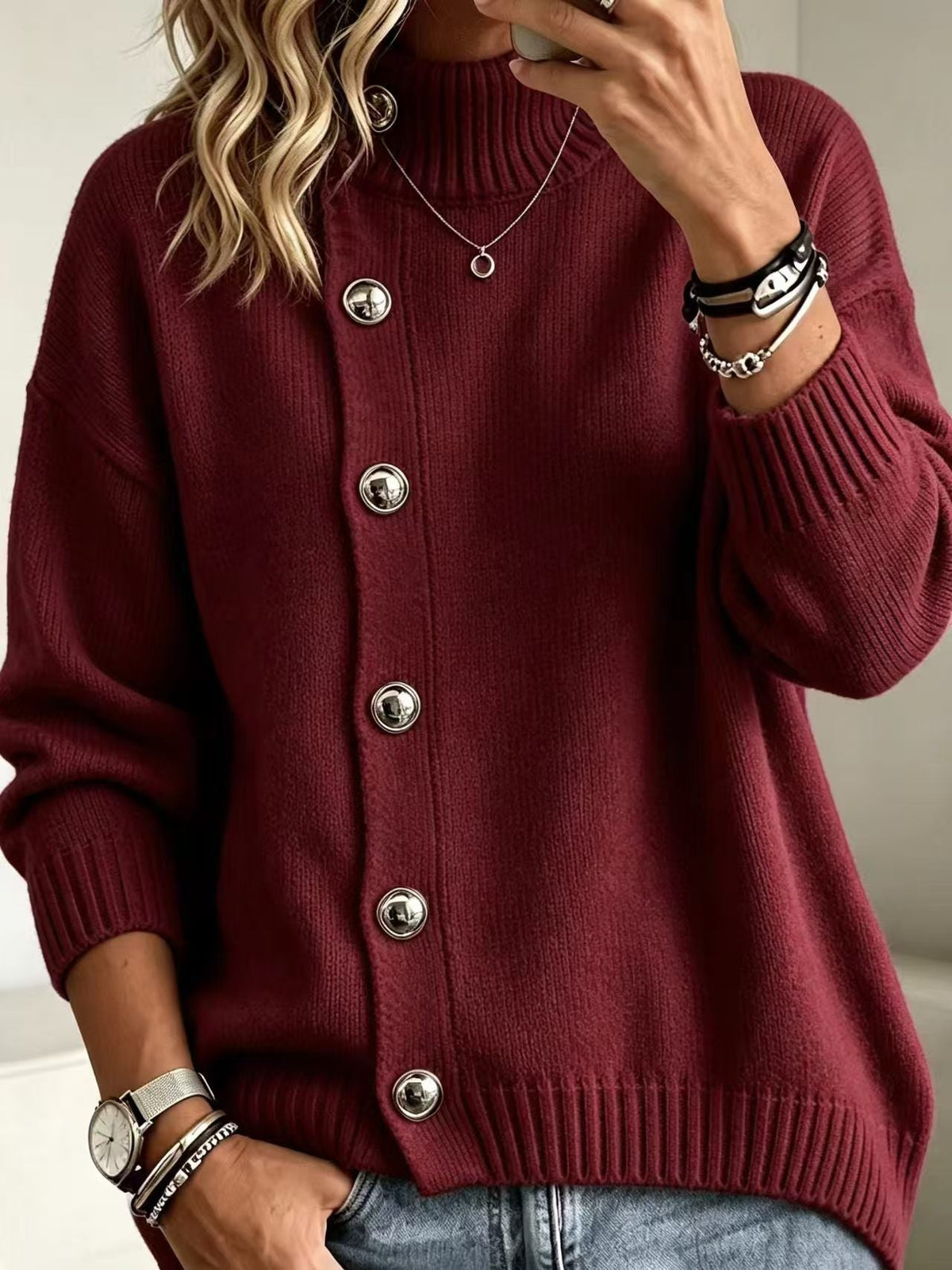 Pullover Damen mit Stehkragen und Knopf-Details | A&B - 8 - Annoboutique