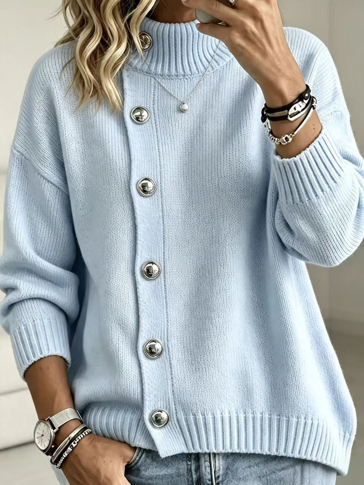 Pullover Damen mit Stehkragen und Knopf-Details | A&B - 10 - Annoboutique