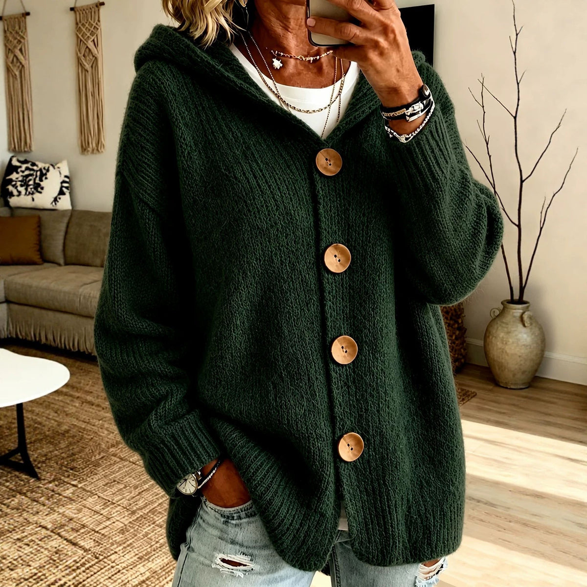 Cardigan Damen mit Kapuze und Knopfverschluss | A&B - 5 - Annoboutique