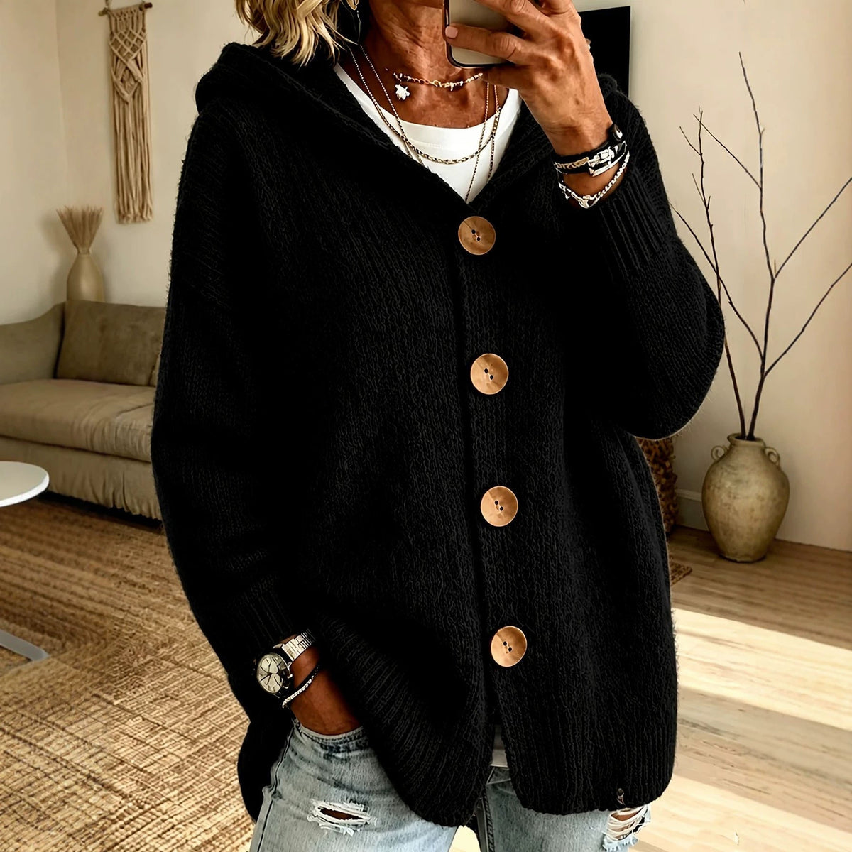 Cardigan Damen mit Kapuze und Knopfverschluss | A&B - 6 - Annoboutique