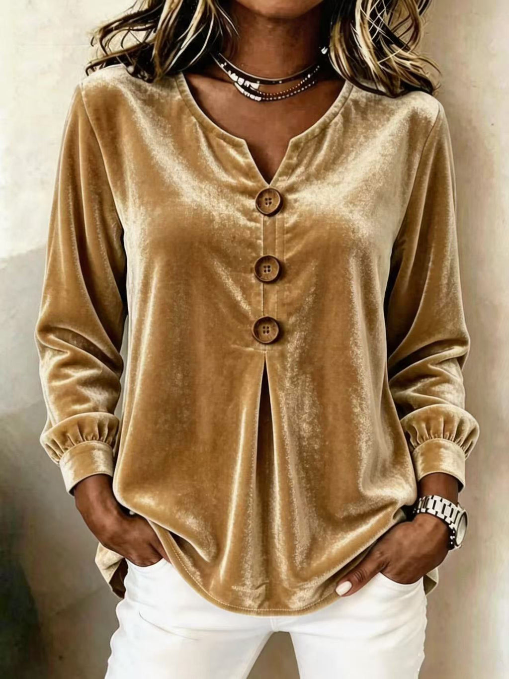 Bluse Damen mit V-Ausschnitt und Knopf-Details | A&B - 1 - Annoboutique
