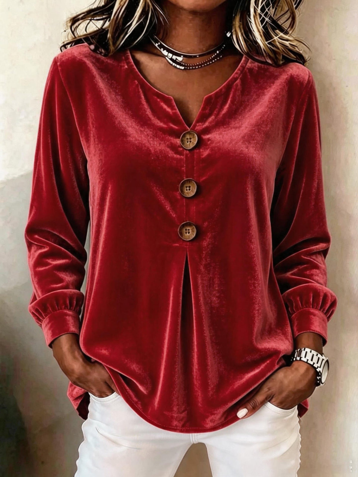 Bluse Damen mit V-Ausschnitt und Knopf-Details | A&B - 2 - Annoboutique