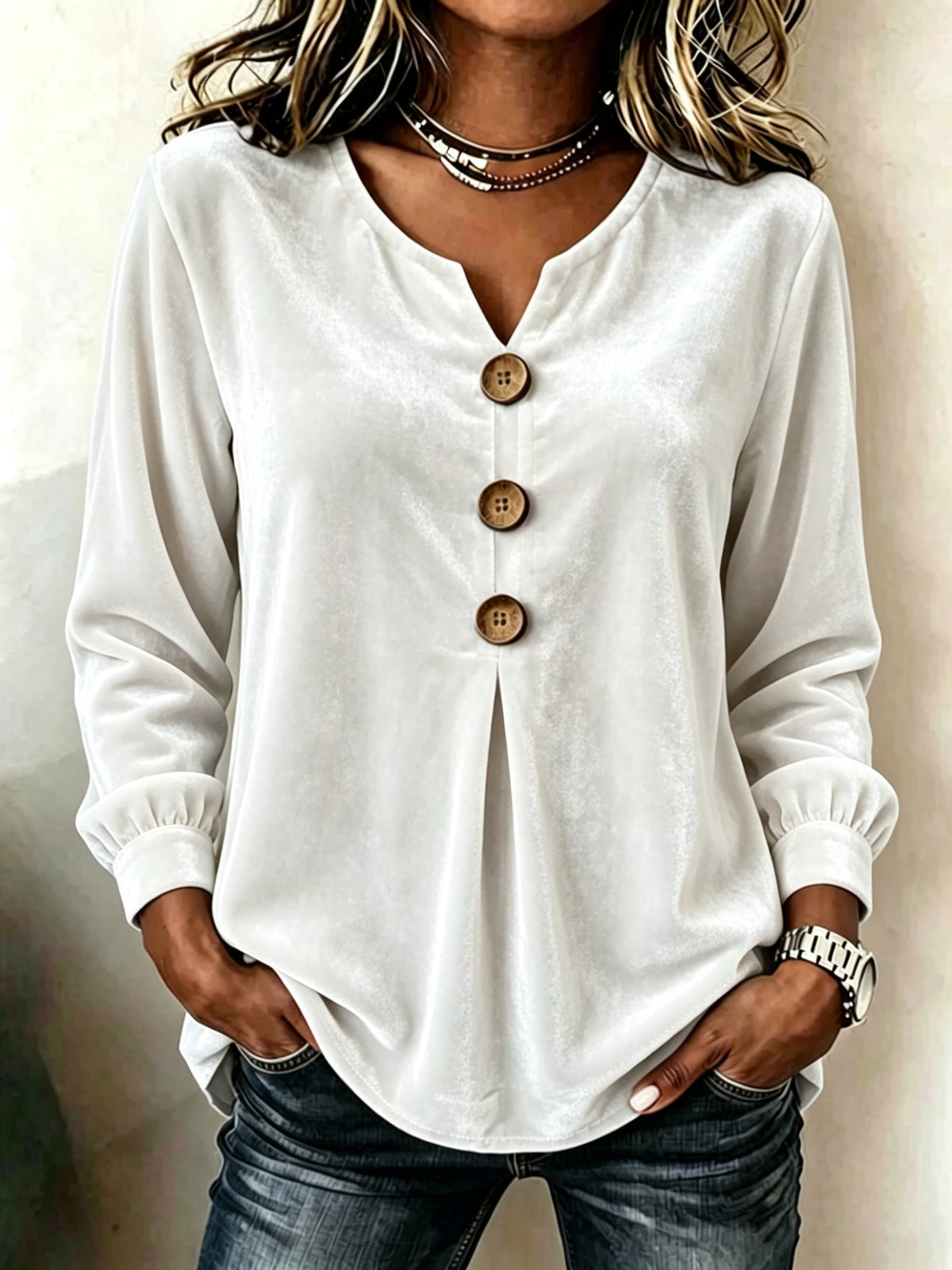 Bluse Damen mit V-Ausschnitt und Knopf-Details | A&B - 3 - Annoboutique