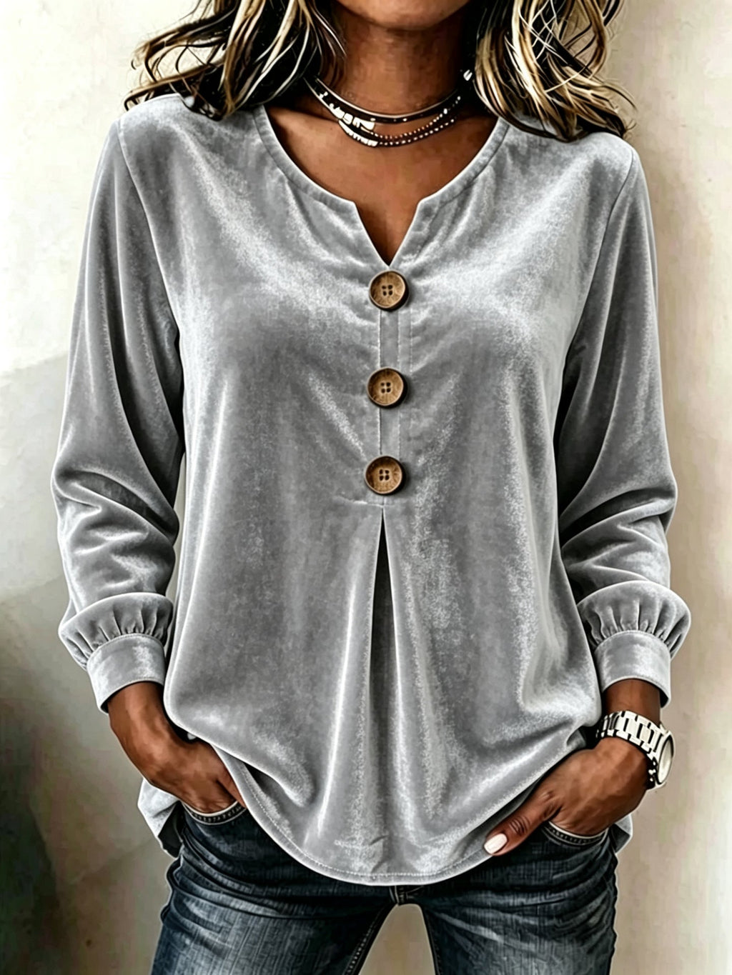 Bluse Damen mit V-Ausschnitt und Knopf-Details | A&B - 5 - Annoboutique