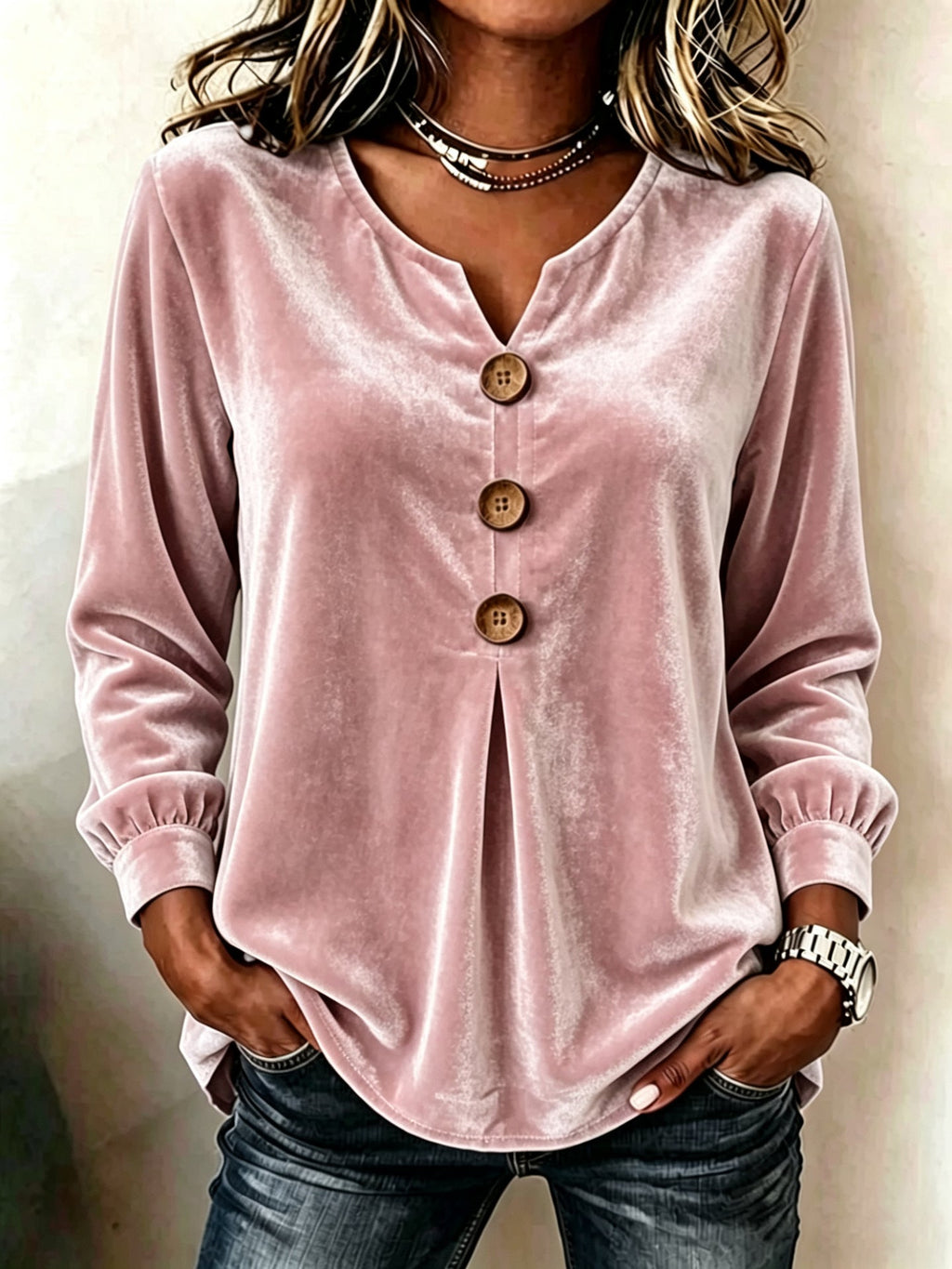 Bluse Damen mit V-Ausschnitt und Knopf-Details | A&B - 6 - Annoboutique