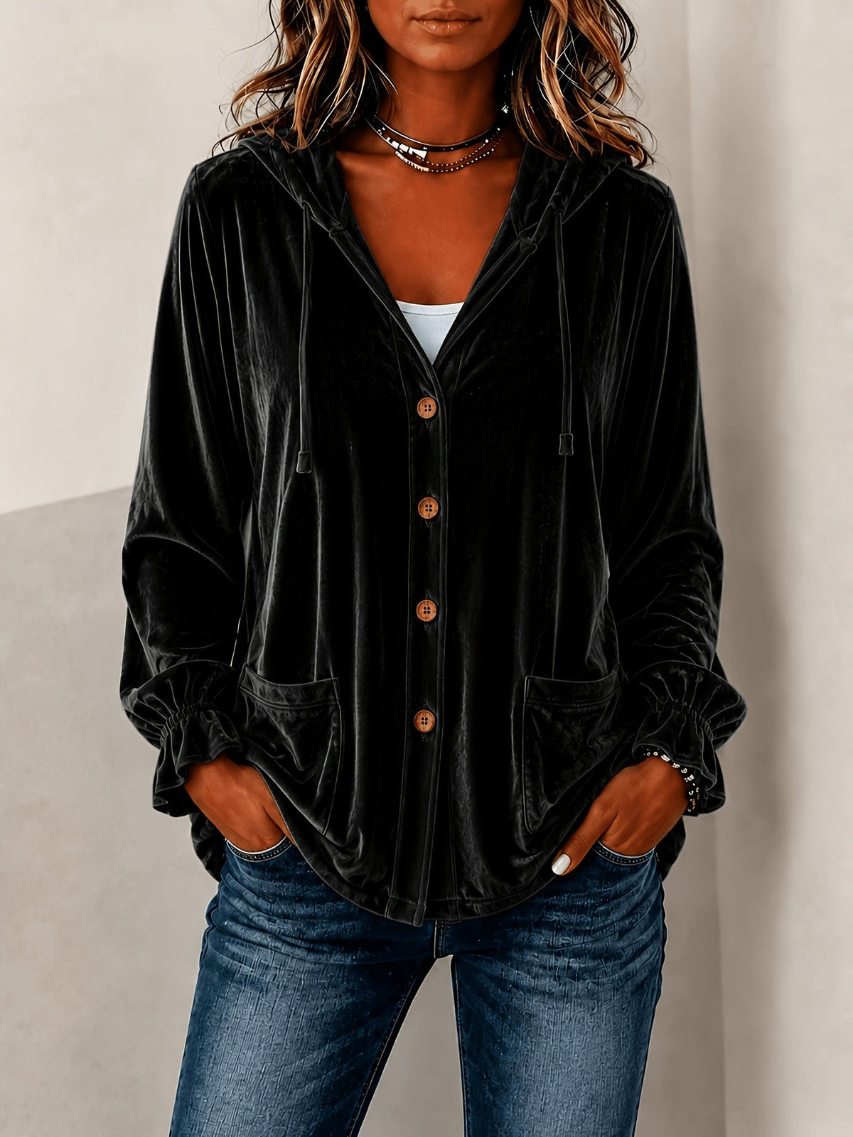 Damenjacke mit Kapuze und Knopfverschluss | A&B - 6 - Annoboutique
