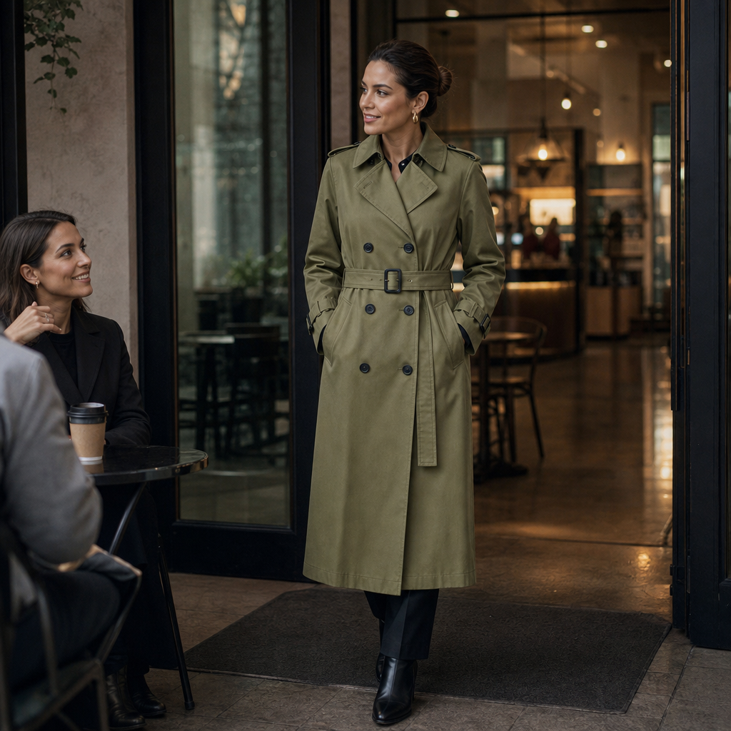 Trenchcoat Damen mit klassischem Schnitt und taillierendem Gürtel | A&B - 4 - Annoboutique