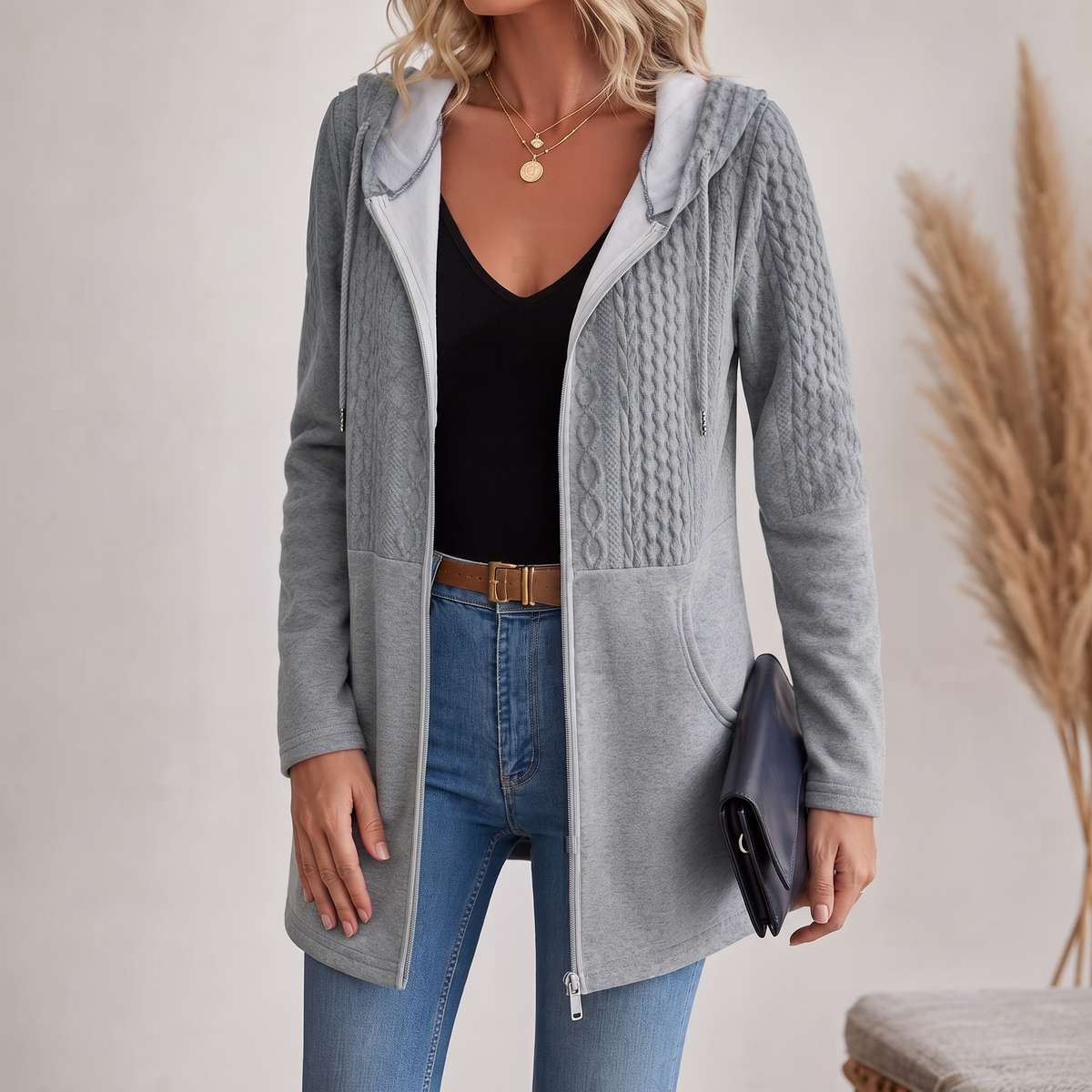 Damen Jacke mit Kapuze und strukturiertem Design | A&B - 1 - Annoboutique