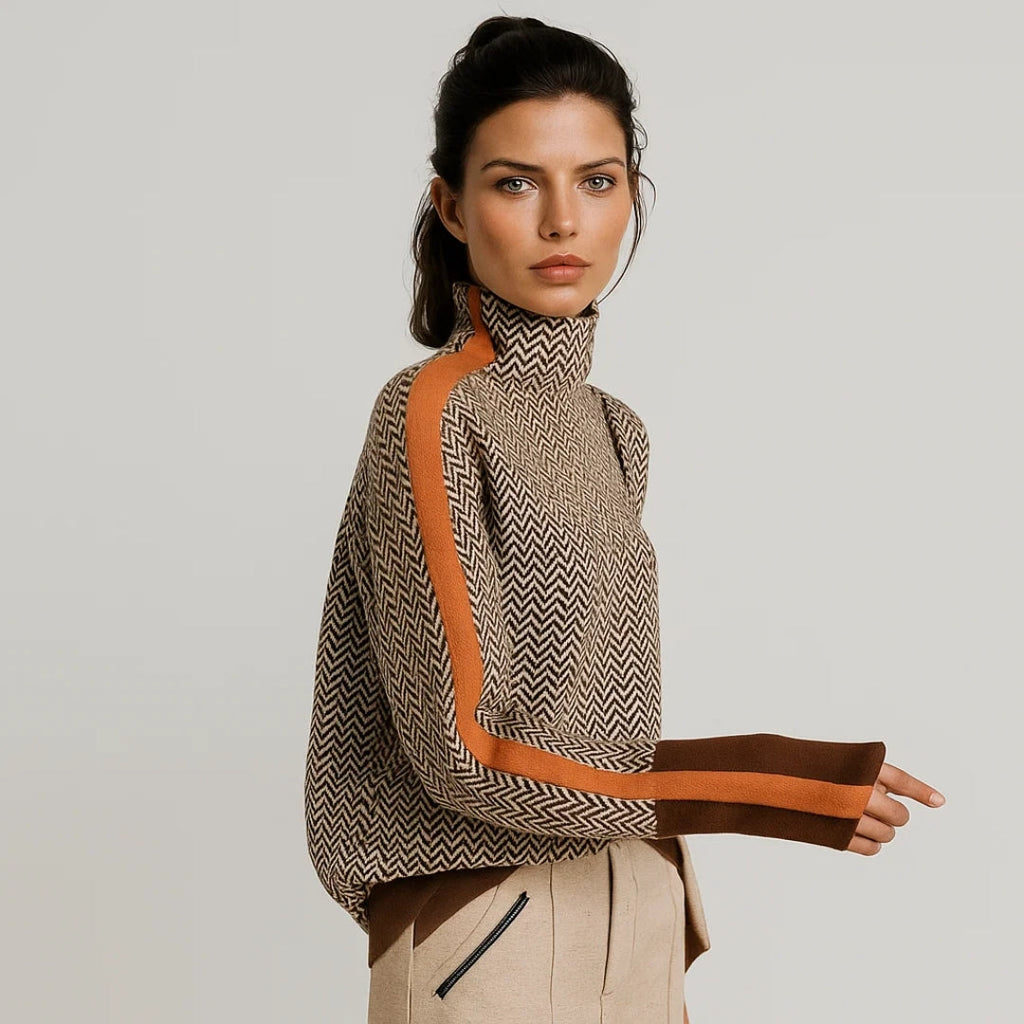 Pullover Damen mit modernem Stehkragen und kontrastierenden Ärmeln | A&B - 1 - Annoboutique