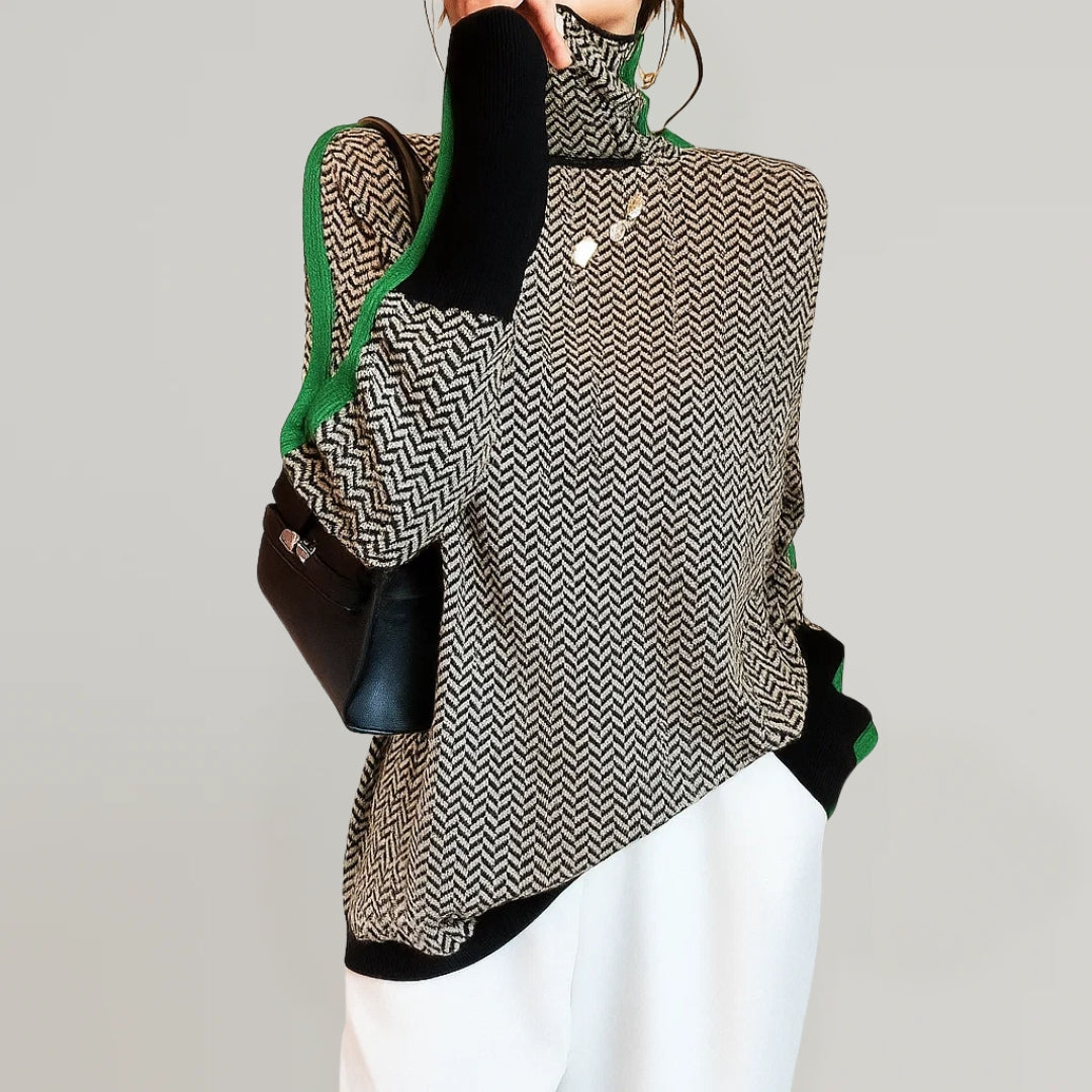 Pullover Damen mit modernem Stehkragen und kontrastierenden Ärmeln | A&B - 4 - Annoboutique