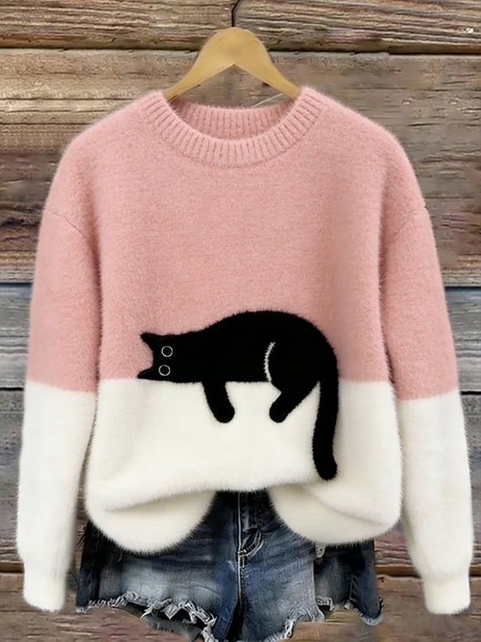 Damenpullover mit verspieltem Katzenmotiv und lockerer Passform | A&B - 2 - Annoboutique