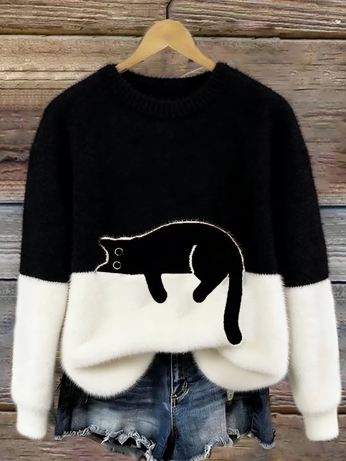Damenpullover mit verspieltem Katzenmotiv und lockerer Passform | A&B - 3 - Annoboutique