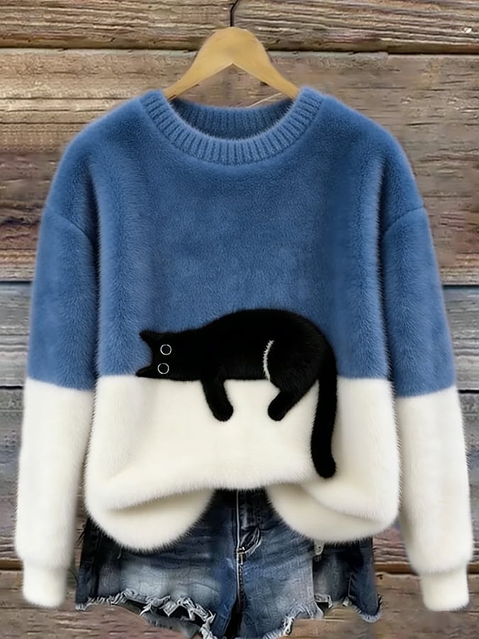 Damenpullover mit verspieltem Katzenmotiv und lockerer Passform | A&B - 5 - Annoboutique