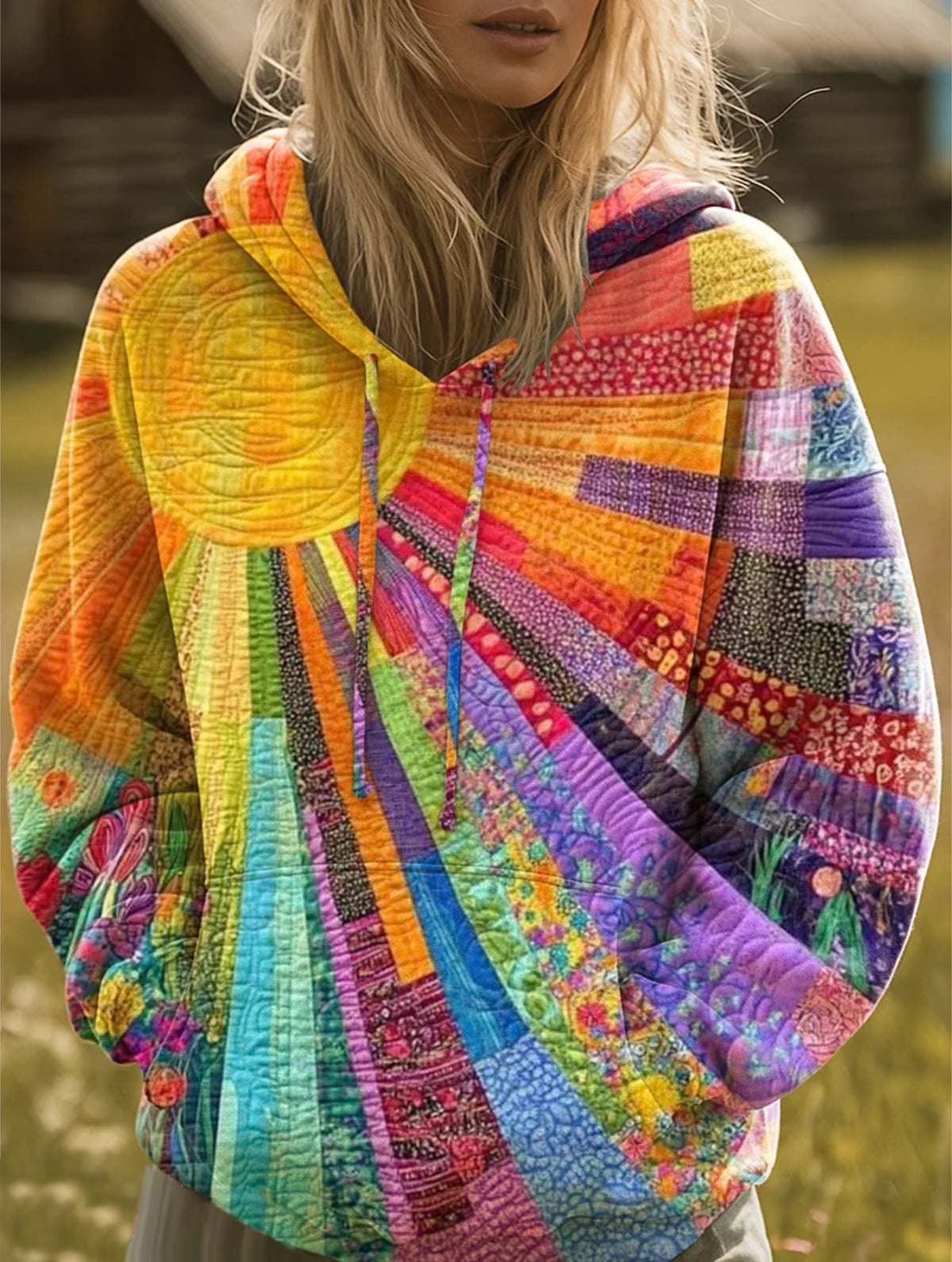 Hoodie Damen mit buntem Patchwork-Design und lässiger Passform | A&B - 1 - Annoboutique