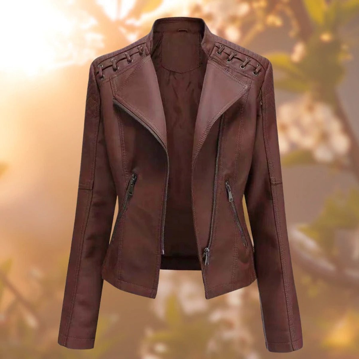 Damen Lederjacke mit asymmetrischem Reißverschluss und Schulterdetails | A&B - 2 - Annoboutique