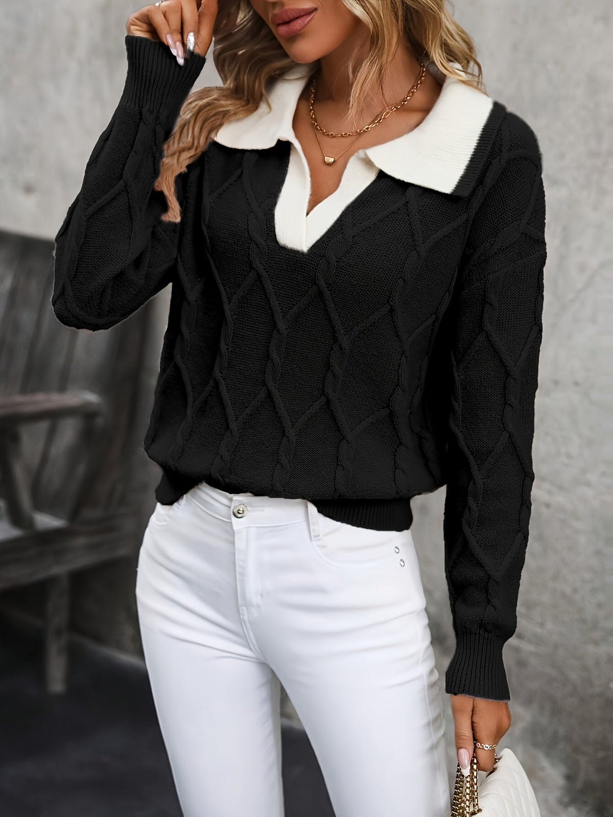 Pullover Damen mit Kragen und V-Ausschnitt | A&B - 1 - Annoboutique