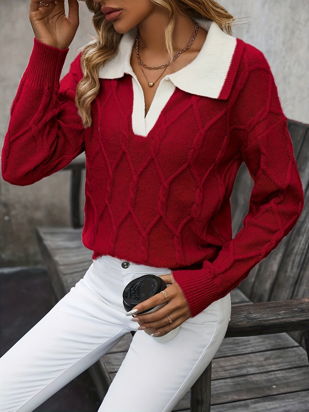Pullover Damen mit Kragen und V-Ausschnitt | A&B - 2 - Annoboutique