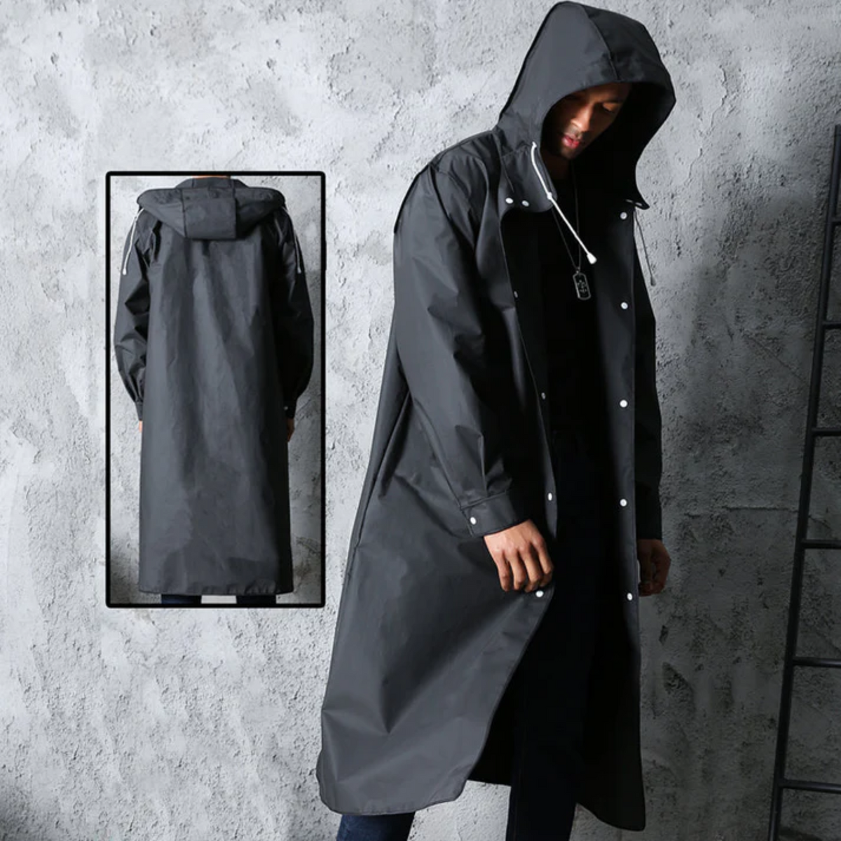 Langer Herren Regenmantel mit Kapuze und Druckknopfverschluss | A&B - 4 - Annoboutique