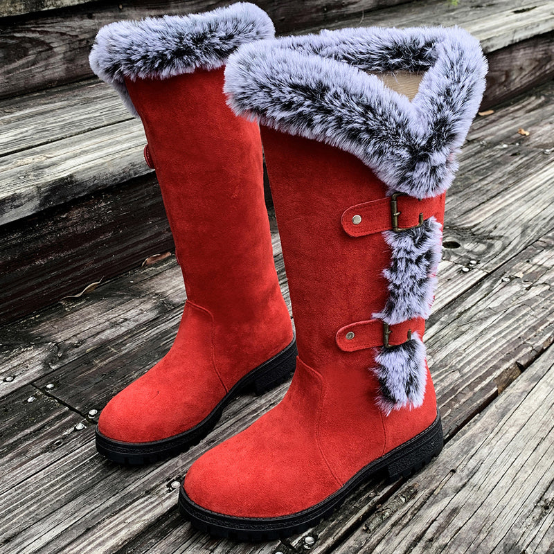 Boots Damen mit modischem Fellkragen und Schnallen-Details | A&B - 11 - Annoboutique