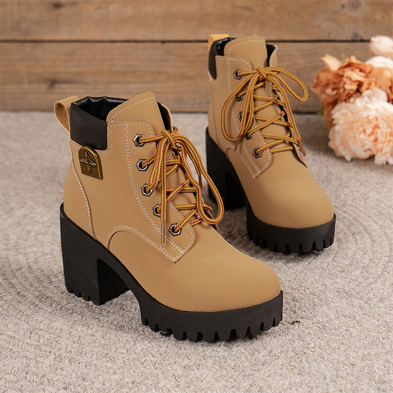 Modische Stiefeletten Damen mit robustem Absatz und Schnürung | A&B - 4 - Annoboutique