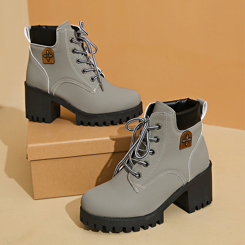 Modische Stiefeletten Damen mit robustem Absatz und Schnürung | A&B - 5 - Annoboutique